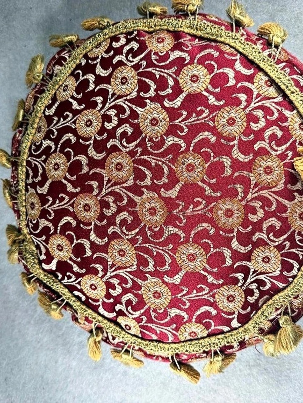 Red Gold Round Brocade Decorative Pillow Tassel Fringe 12” - Picture 2 of 2